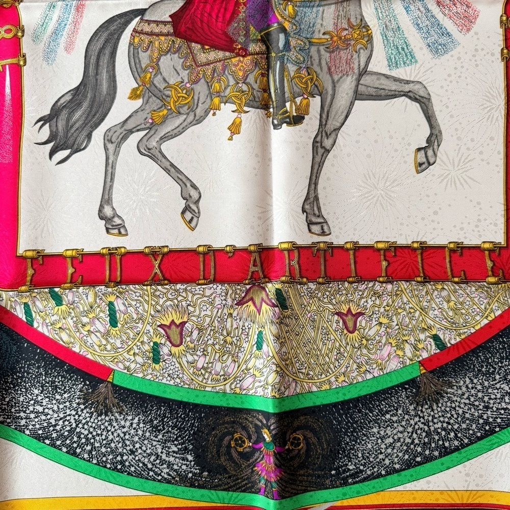 Hermes Feux d'Artifice 100% Silk Scarf in Black Red White and Gold - Picture 6 of 10